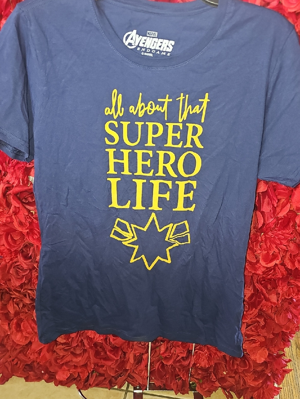 Avenger Navy Blue Tee with Yellow Superhero Graphic Saying